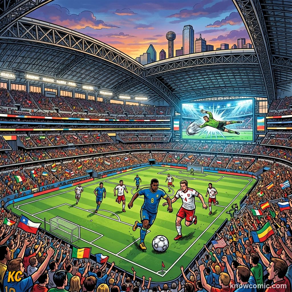 SoFi Stadium in Los Angeles with its futuristic curved roof glowing at dusk