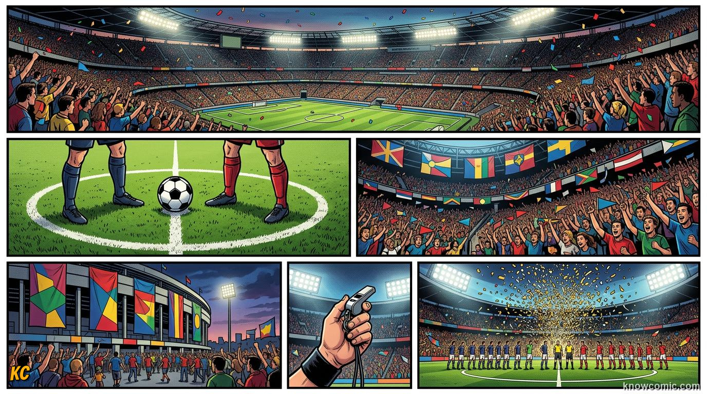 Montage of giant World Cup 2026 stadiums filled with fans awaiting the opening whistle