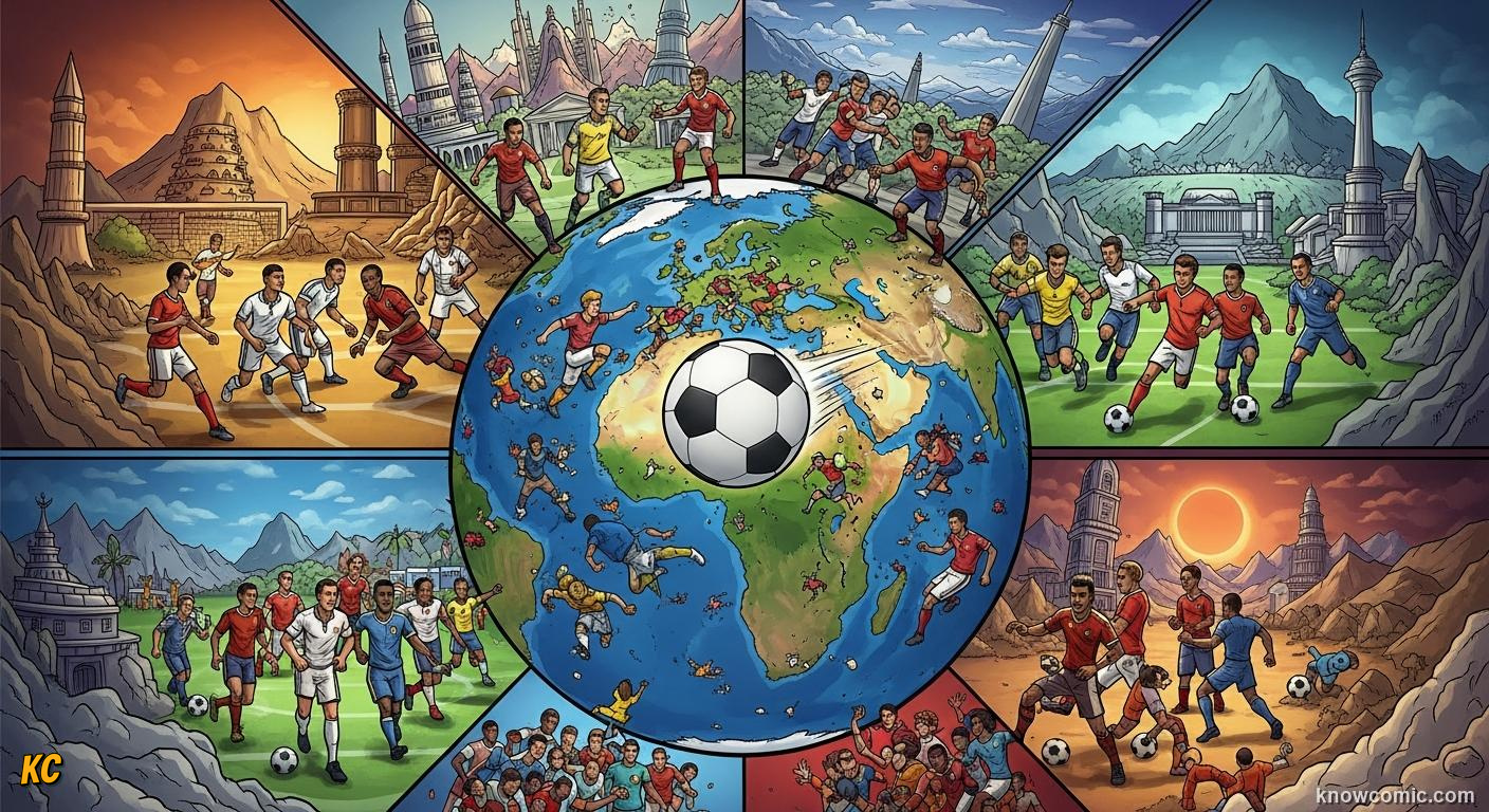 Comic panel titled over 200 nations, one dream, labelled before the party, from the KnowComic World Cup 2026 lesson on road to 2026: qualification