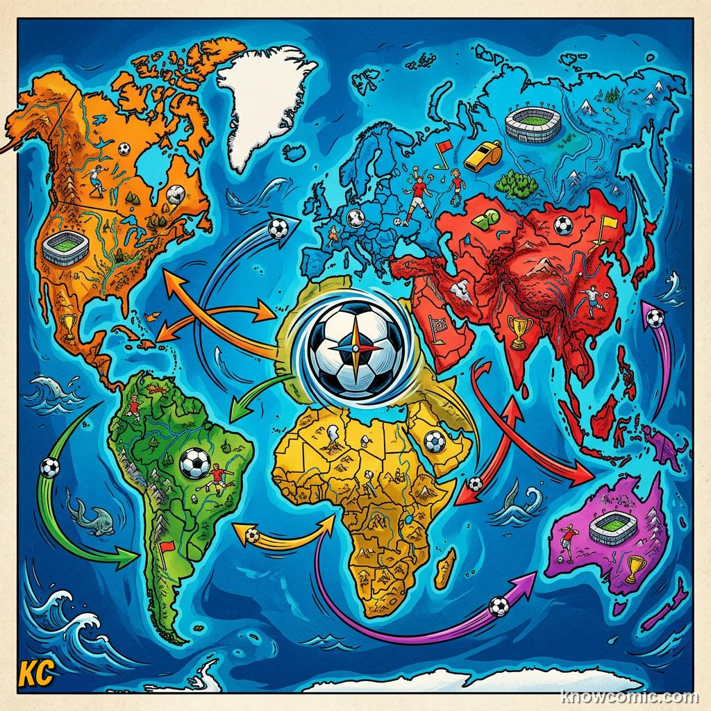 Comic panel titled how the world is split, labelled years of football, from the KnowComic World Cup 2026 lesson on road to 2026: qualification