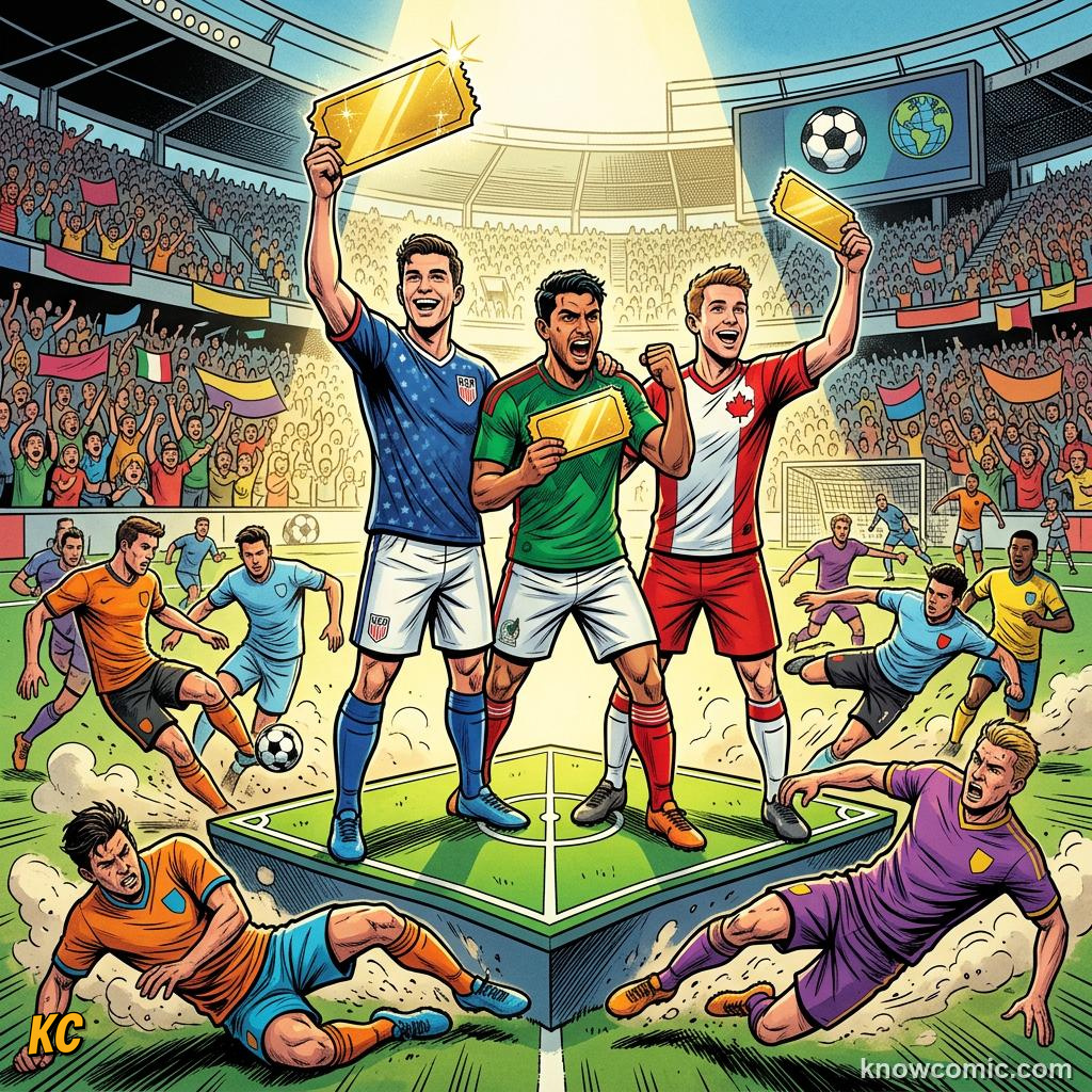 Comic panel titled how the world is split, labelled 48 spots only, from the KnowComic World Cup 2026 lesson on road to 2026: qualification