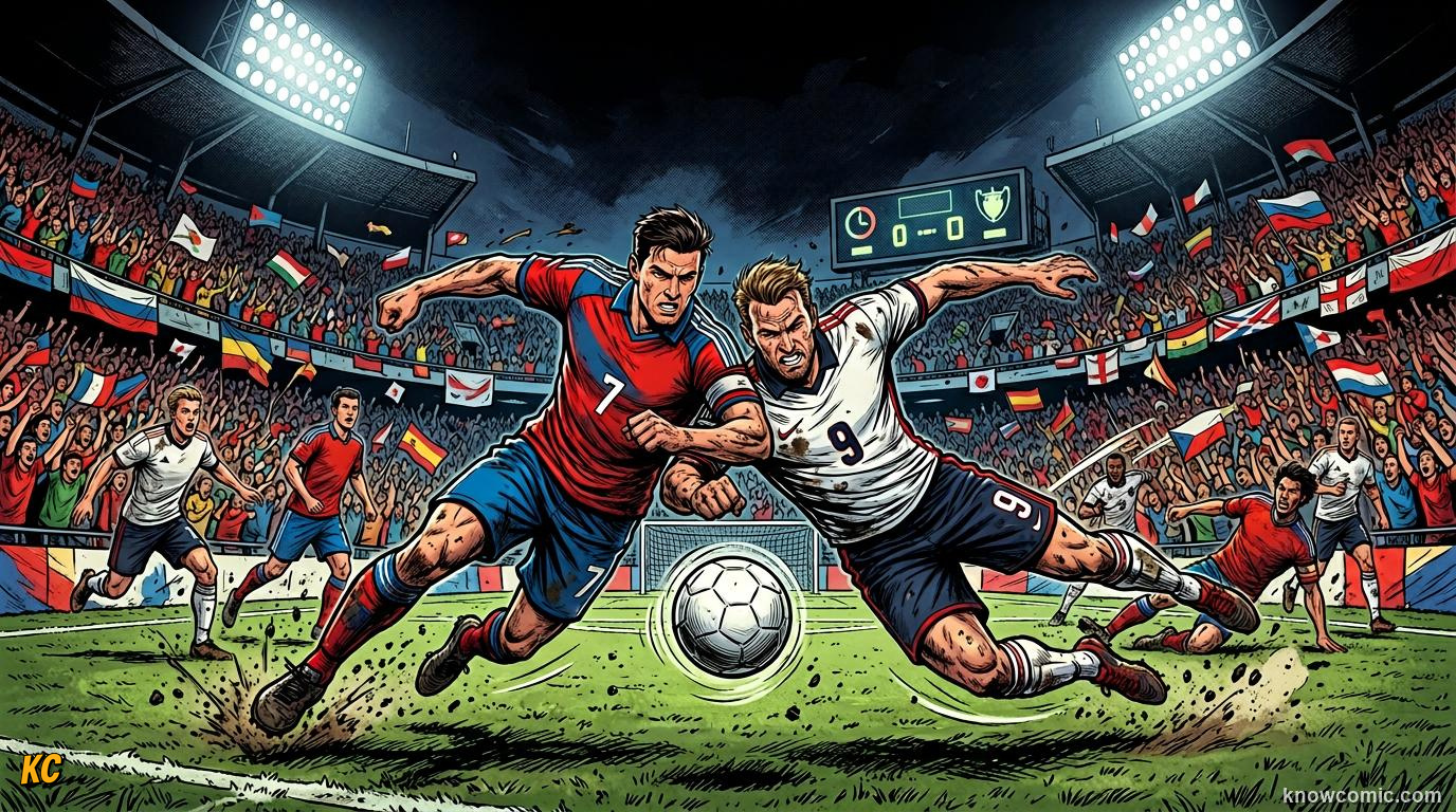 Comic panel titled how the world is split, labelled the six confederations, from the KnowComic World Cup 2026 lesson on road to 2026: qualification