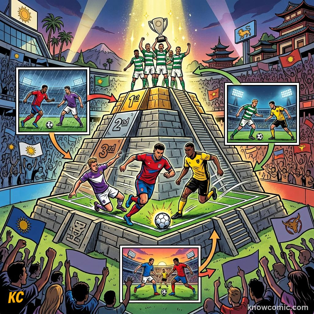 Comic panel titled groups, tables, and playoffs, labelled asia & africa, from the KnowComic World Cup 2026 lesson on road to 2026: qualification