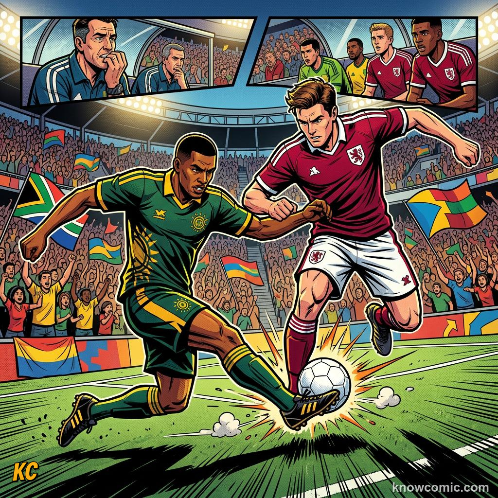 Comic panel titled groups, tables, and playoffs, labelled americas & oceania, from the KnowComic World Cup 2026 lesson on road to 2026: qualification