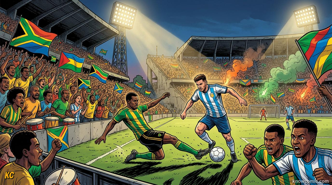 Comic panel titled groups, tables, and playoffs, labelled different paths, same prize, from the KnowComic World Cup 2026 lesson on road to 2026: qualification