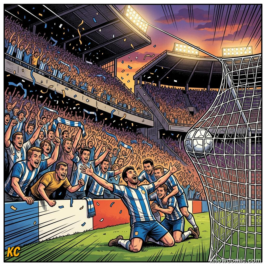 Comic panel titled groups, tables, and playoffs, labelled playoffs, from the KnowComic World Cup 2026 lesson on road to 2026: qualification