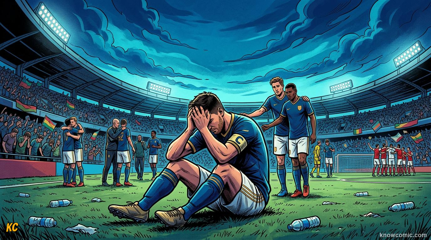 Comic panel titled when stars stay home, labelled shock absences, from the KnowComic World Cup 2026 lesson on road to 2026: qualification