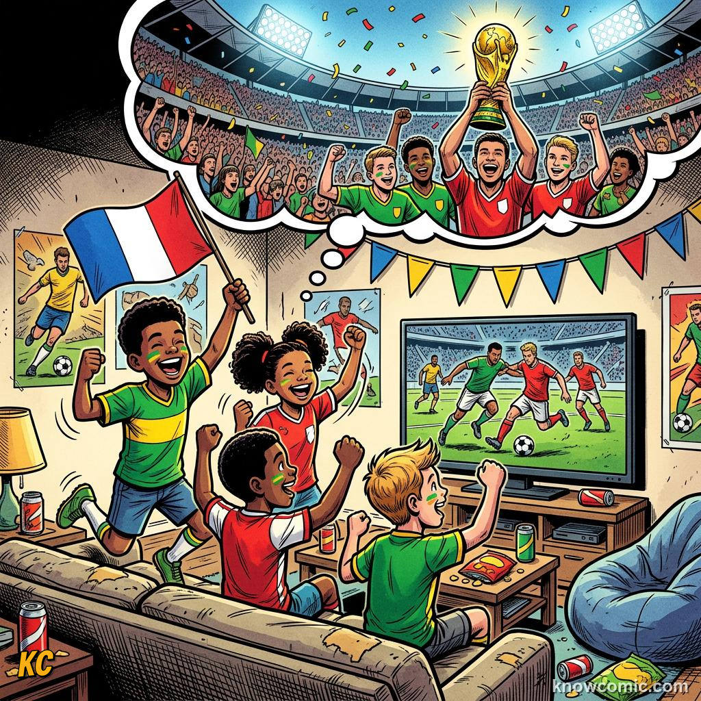 Comic panel labelled celebration, illustrating road to 2026: qualification in KnowComic's World Cup 2026 series