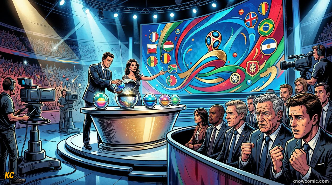 Comic panel titled what is the world cup draw, labelled live on tv, from the KnowComic World Cup 2026 lesson on the draw: pots & groups