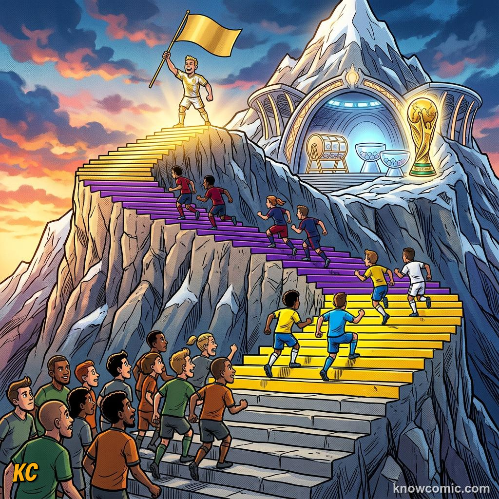 Comic panel titled how pots work, labelled 48 teams, from the KnowComic World Cup 2026 lesson on the draw: pots & groups