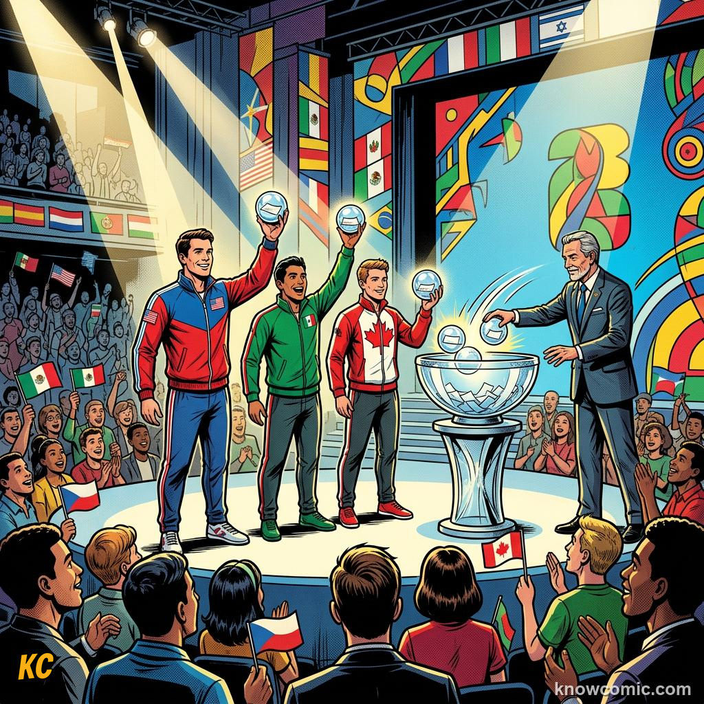 Comic panel titled how pots work, labelled 12 groups, from the KnowComic World Cup 2026 lesson on the draw: pots & groups