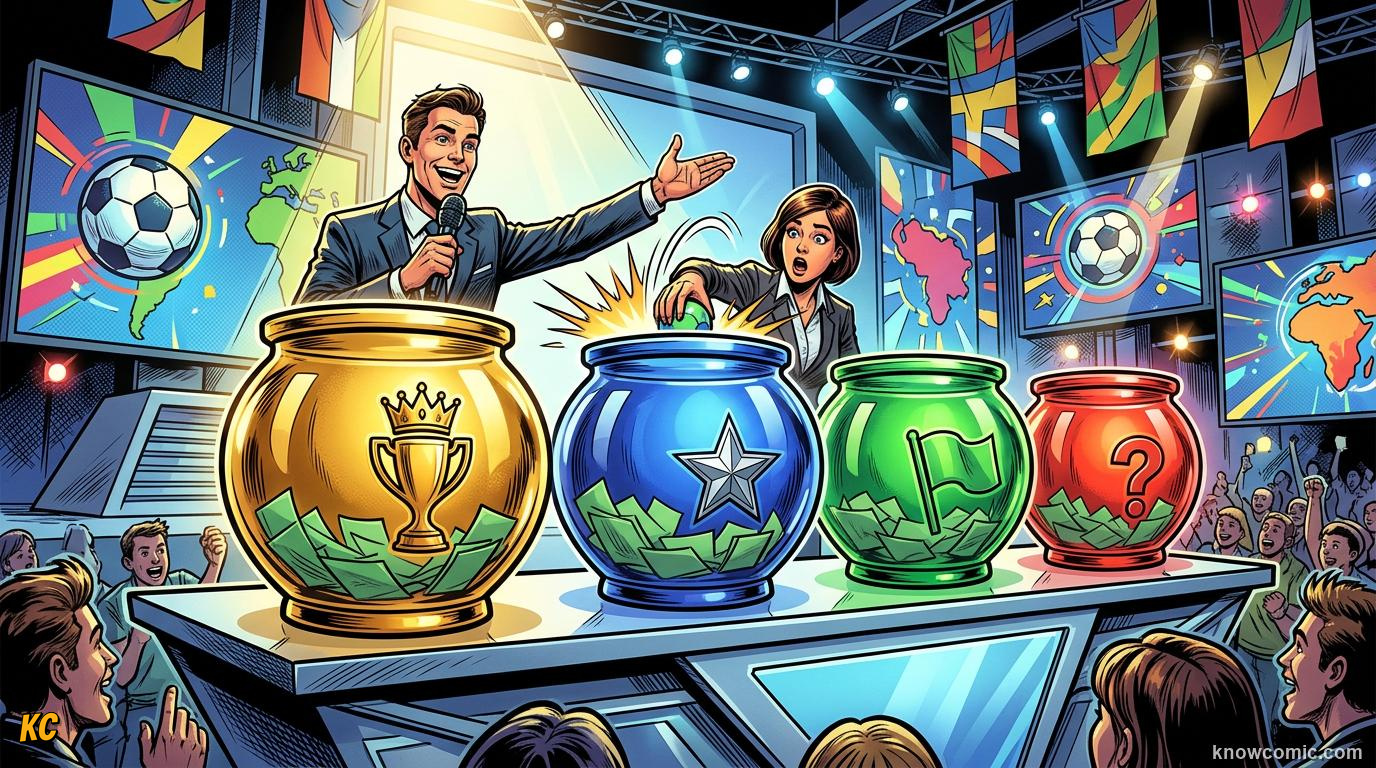 Comic panel titled how pots work, labelled sorting the teams, from the KnowComic World Cup 2026 lesson on the draw: pots & groups
