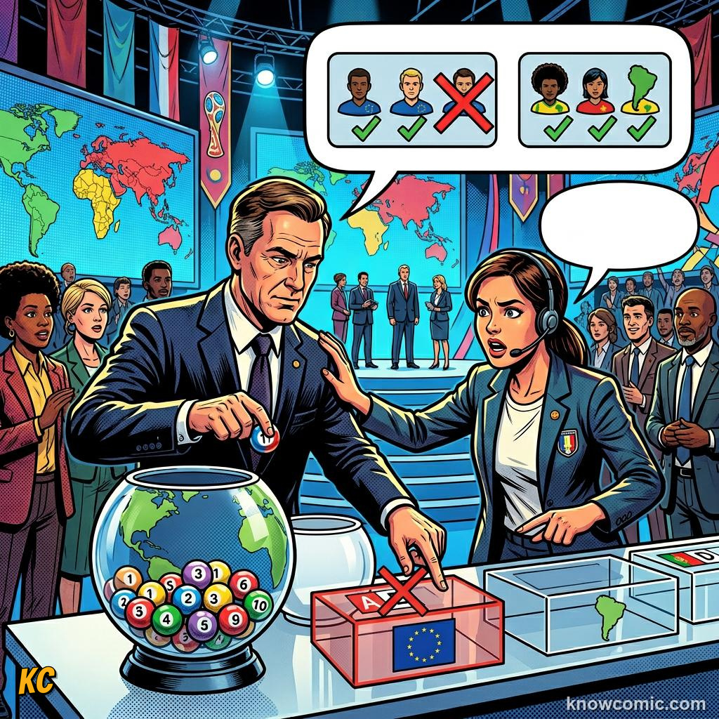 Comic panel titled from pot to group, labelled pots 2 & 3, from the KnowComic World Cup 2026 lesson on the draw: pots & groups