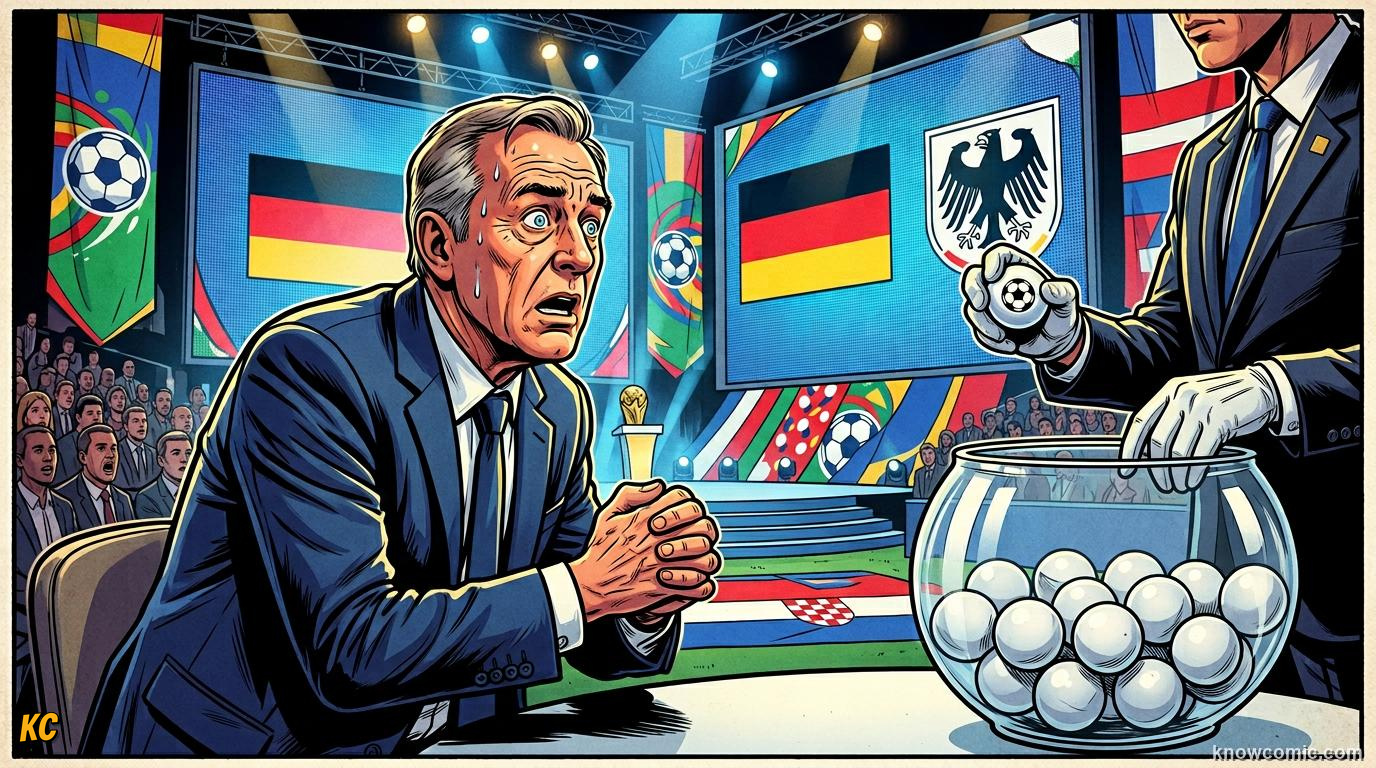 Comic panel titled from pot to group, labelled step by step, from the KnowComic World Cup 2026 lesson on the draw: pots & groups
