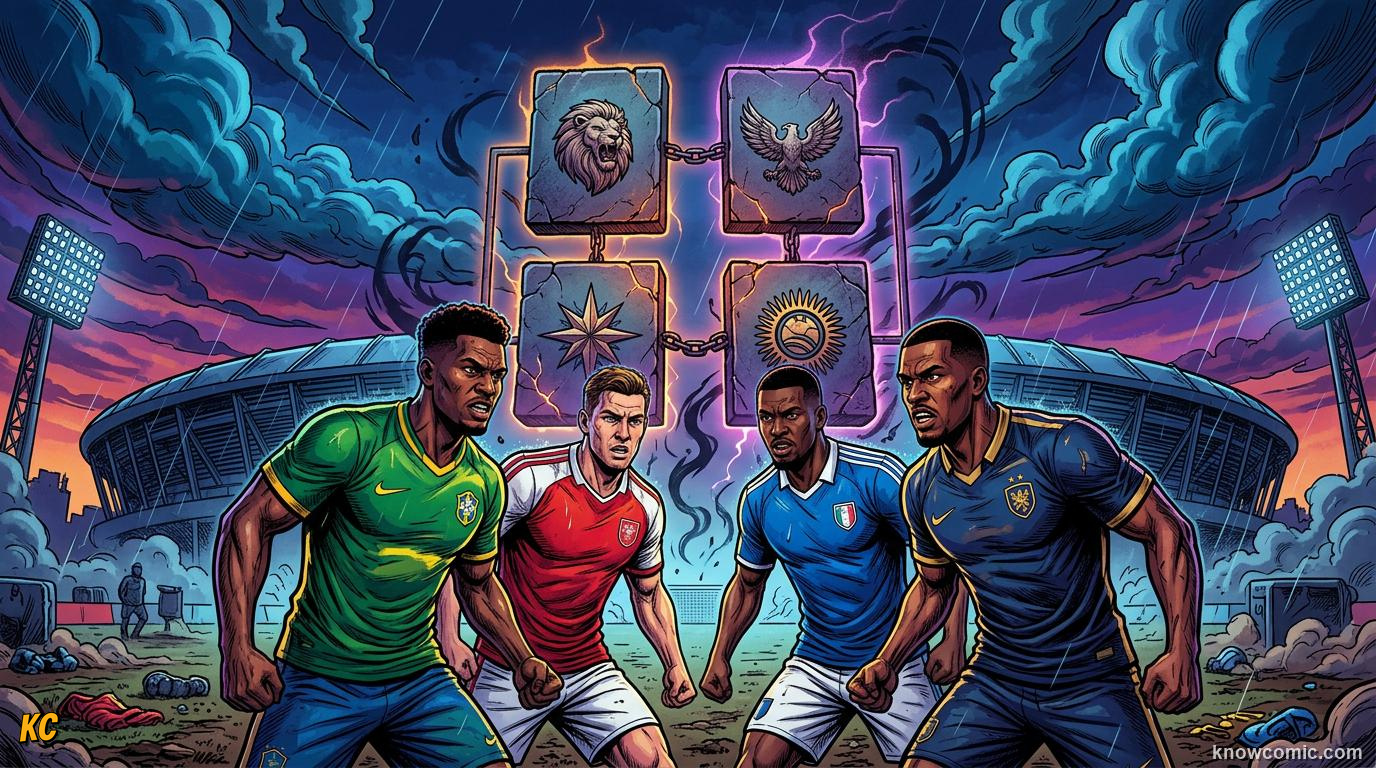 Comic panel titled what makes a group of death, labelled the toughest group, from the KnowComic World Cup 2026 lesson on the draw: pots & groups