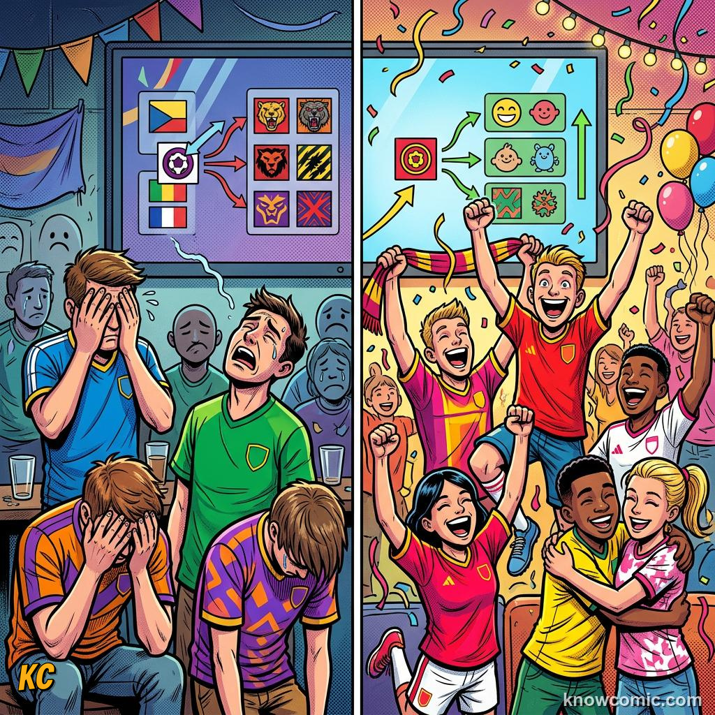 Comic panel titled from draw to first whistle, labelled giants clash, from the KnowComic World Cup 2026 lesson on the draw: pots & groups