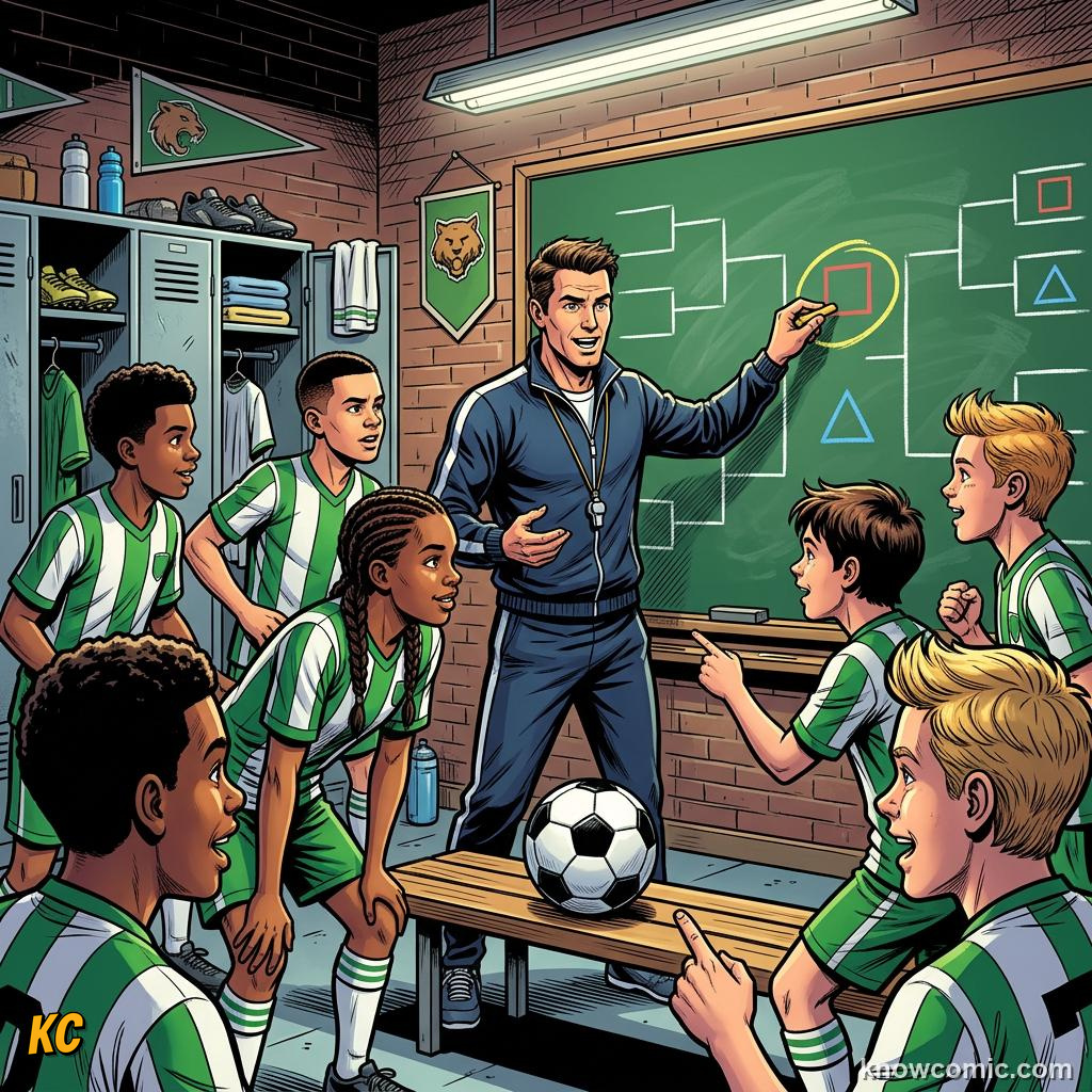 Comic panel titled from draw to first whistle, labelled easy group, from the KnowComic World Cup 2026 lesson on the draw: pots & groups