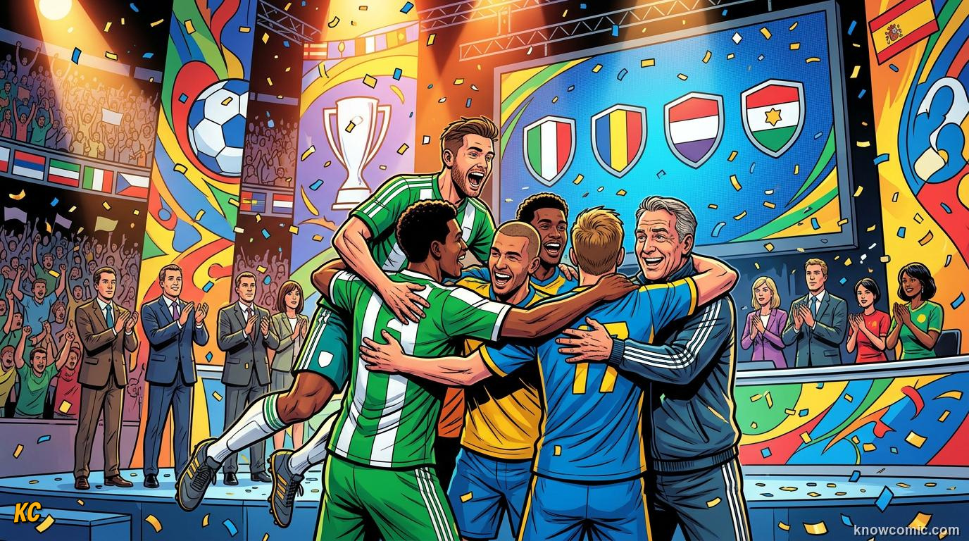 Comic panel titled from draw to first whistle, labelled ready for kick-off, from the KnowComic World Cup 2026 lesson on the draw: pots & groups