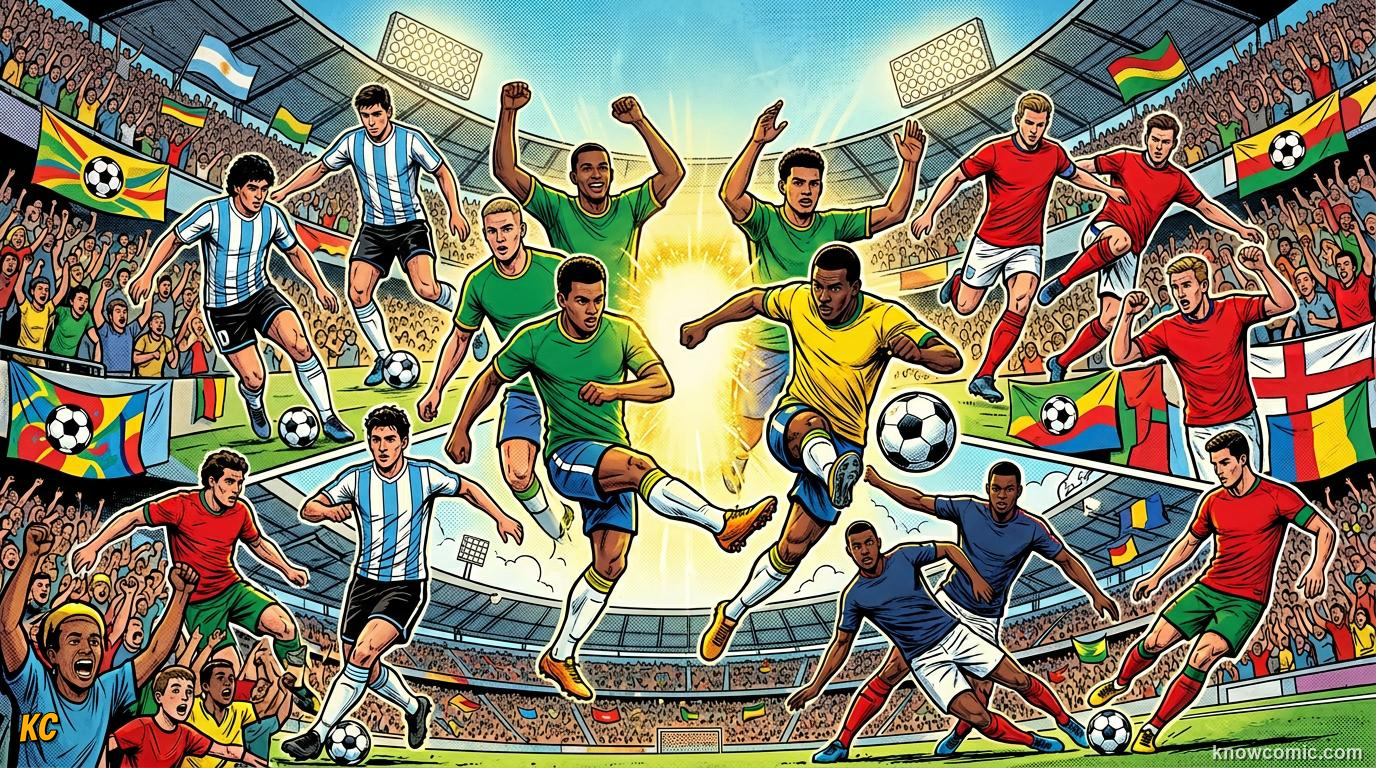 Comic panel titled meet the giants, labelled who can win it, from the KnowComic World Cup 2026 lesson on teams to watch: giants & underdogs