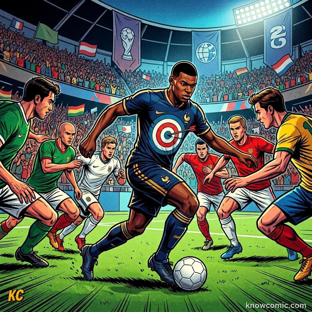 Comic panel titled the contenders list, labelled defending champs, from the KnowComic World Cup 2026 lesson on teams to watch: giants & underdogs