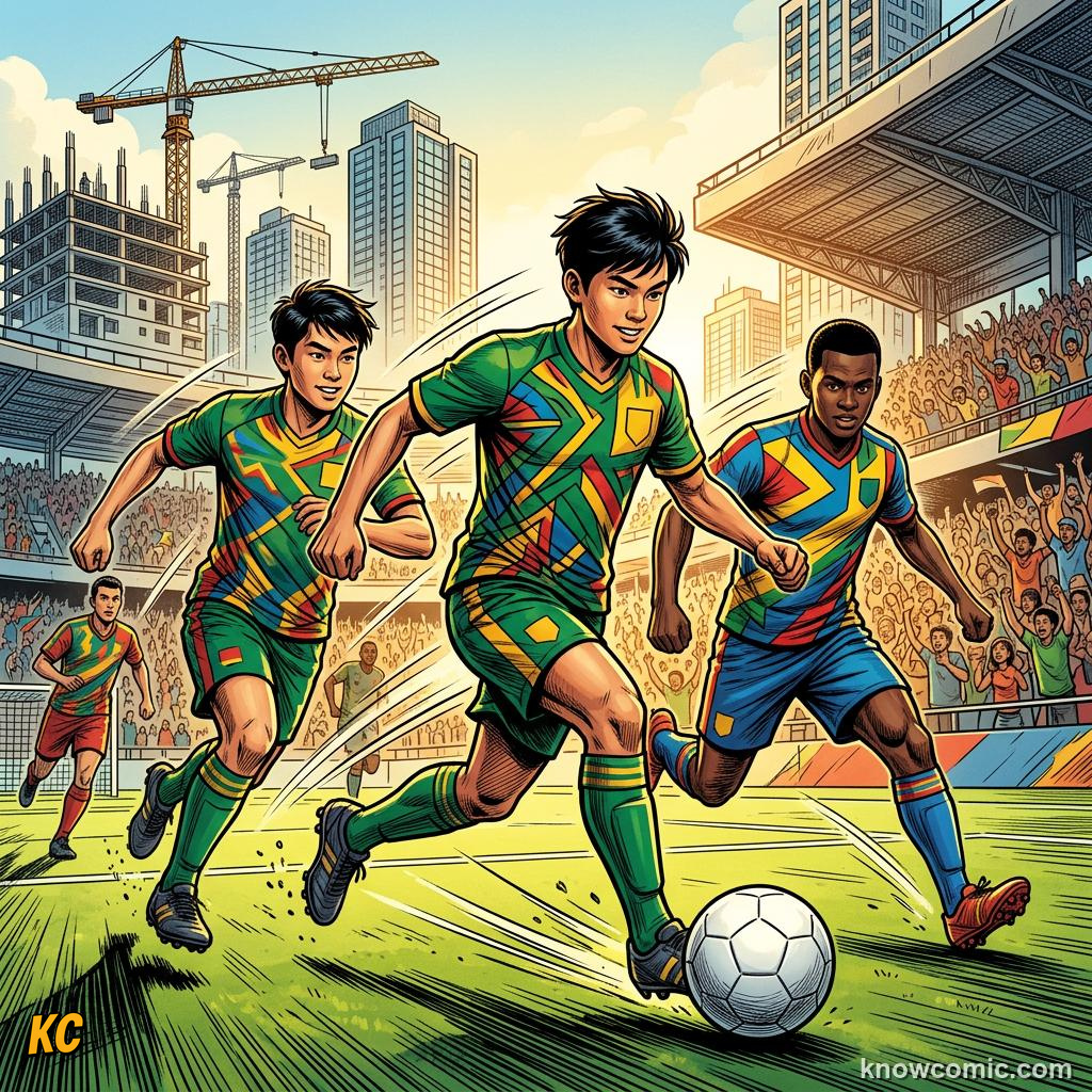 Comic panel titled debutants and returning surprises, labelled hosts, from the KnowComic World Cup 2026 lesson on teams to watch: giants & underdogs