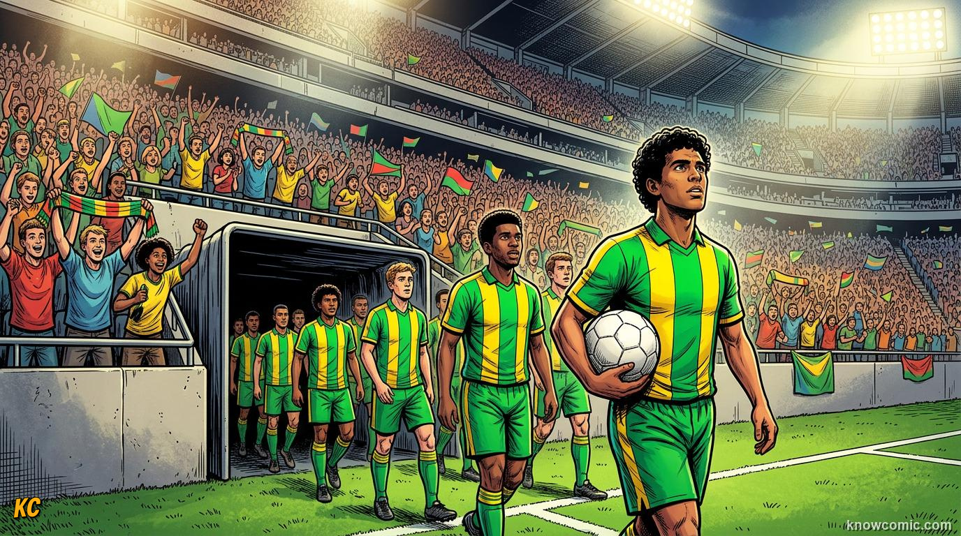Comic panel titled debutants and returning surprises, labelled new faces on the stage, from the KnowComic World Cup 2026 lesson on teams to watch: giants & underdogs