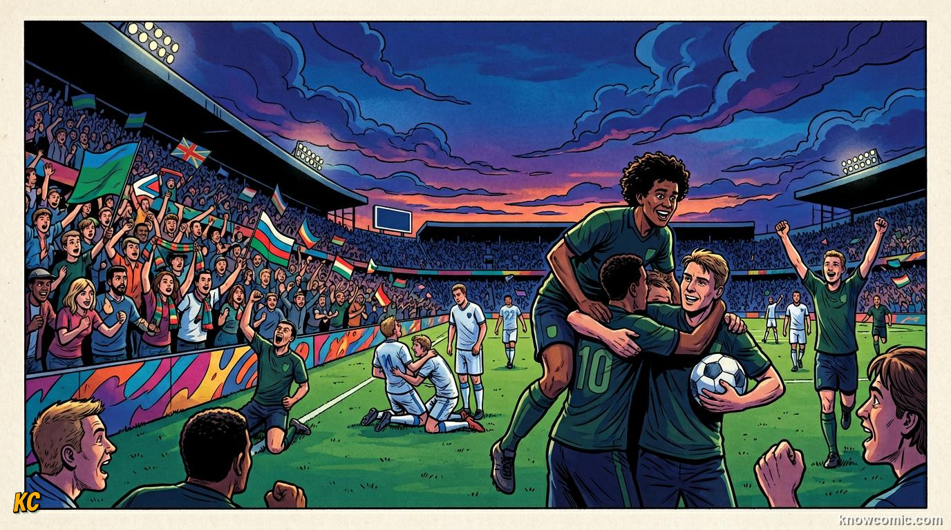 Comic panel titled who could shock the world, labelled sleeper picks, from the KnowComic World Cup 2026 lesson on teams to watch: giants & underdogs