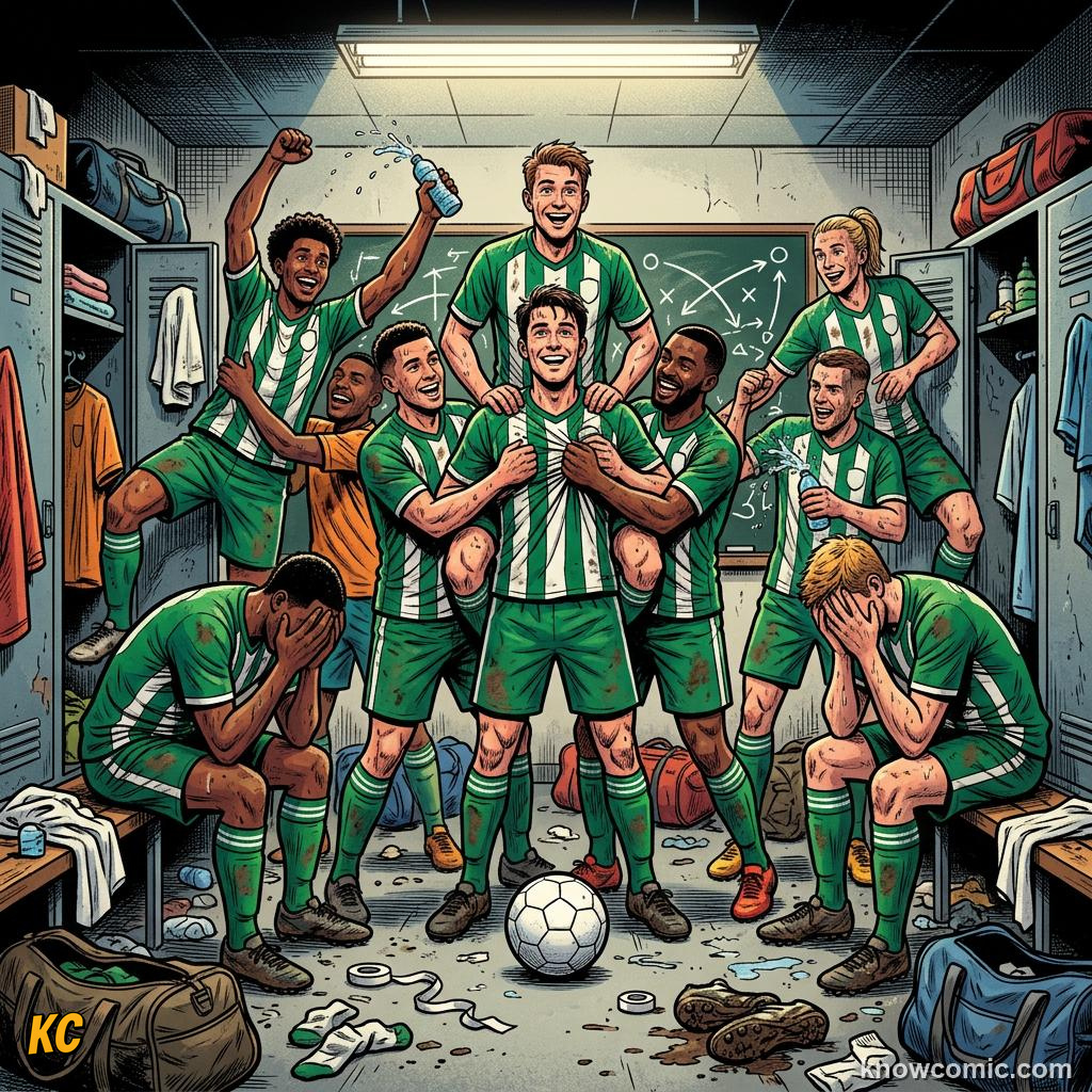 Comic panel titled giants, debutants, and dreamers, labelled africa & asia, from the KnowComic World Cup 2026 lesson on teams to watch: giants & underdogs
