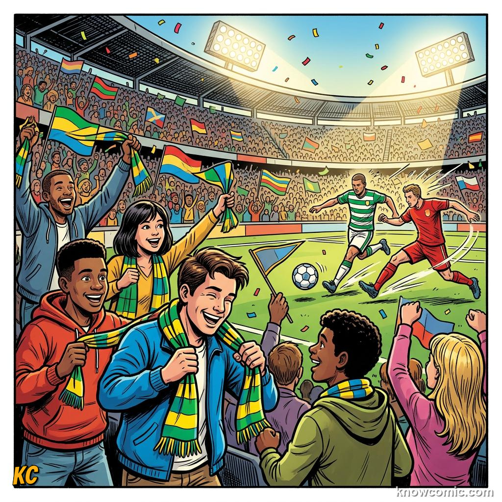 Comic panel titled giants, debutants, and dreamers, labelled upset energy, from the KnowComic World Cup 2026 lesson on teams to watch: giants & underdogs