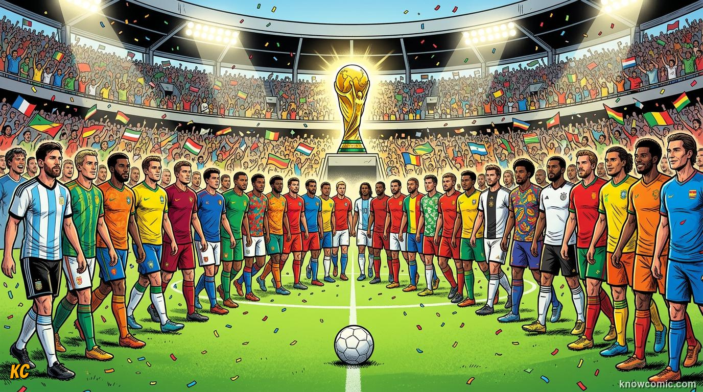 Comic panel titled giants, debutants, and dreamers, labelled who will you watch, from the KnowComic World Cup 2026 lesson on teams to watch: giants & underdogs