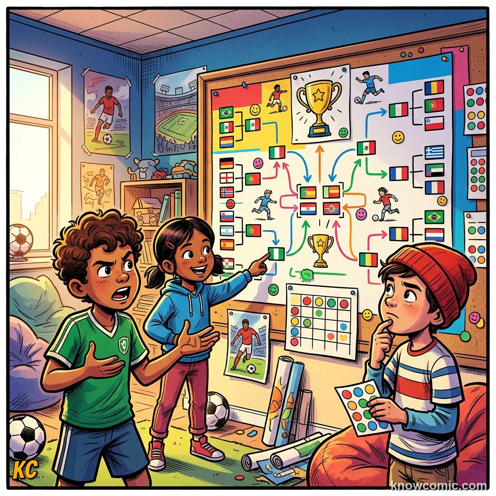 Comic panel labelled pick a team, illustrating teams to watch: giants & underdogs in KnowComic's World Cup 2026 series