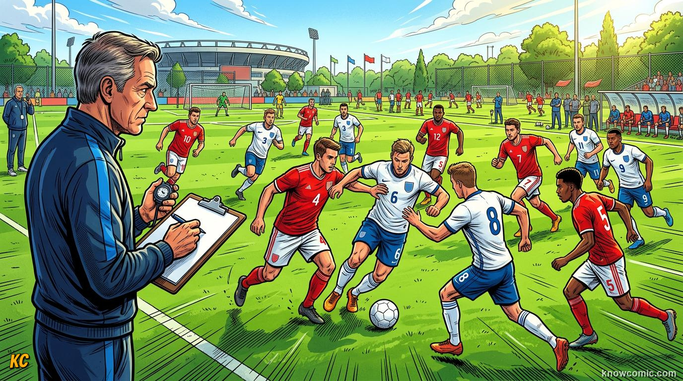 Comic panel titled building the shortlist, labelled months of watching, from the KnowComic World Cup 2026 lesson on squad selection: 26 heroes