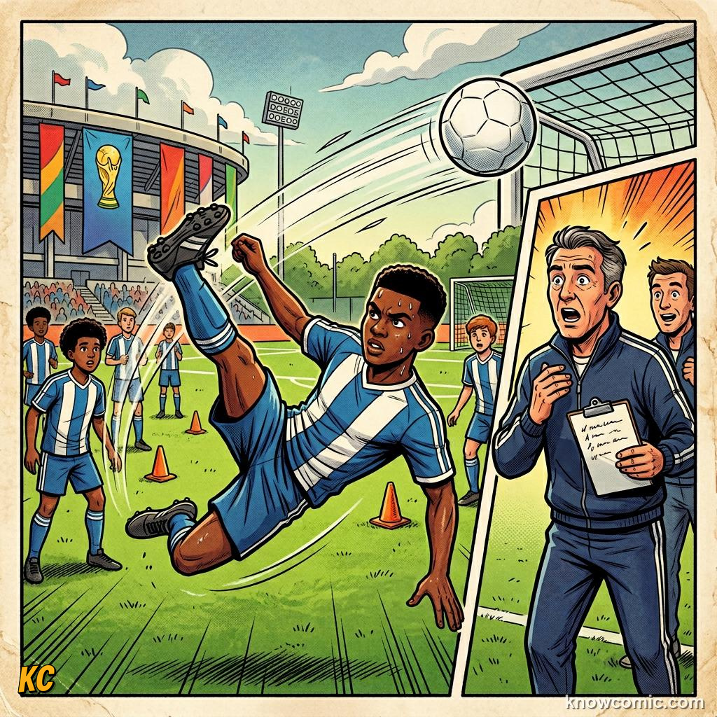 Comic panel titled leaving out a star, labelled fitness, from the KnowComic World Cup 2026 lesson on squad selection: 26 heroes