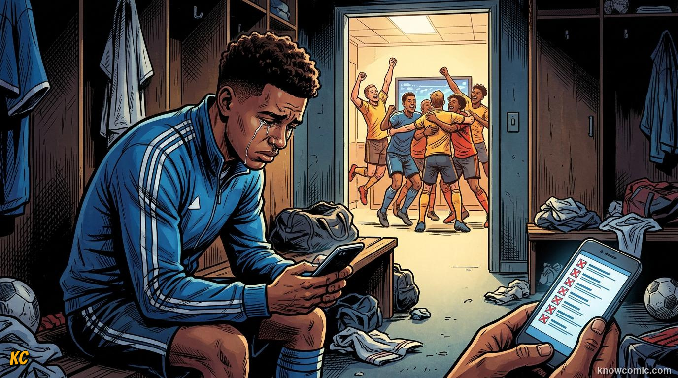 Comic panel titled leaving out a star, labelled heartbreak, from the KnowComic World Cup 2026 lesson on squad selection: 26 heroes