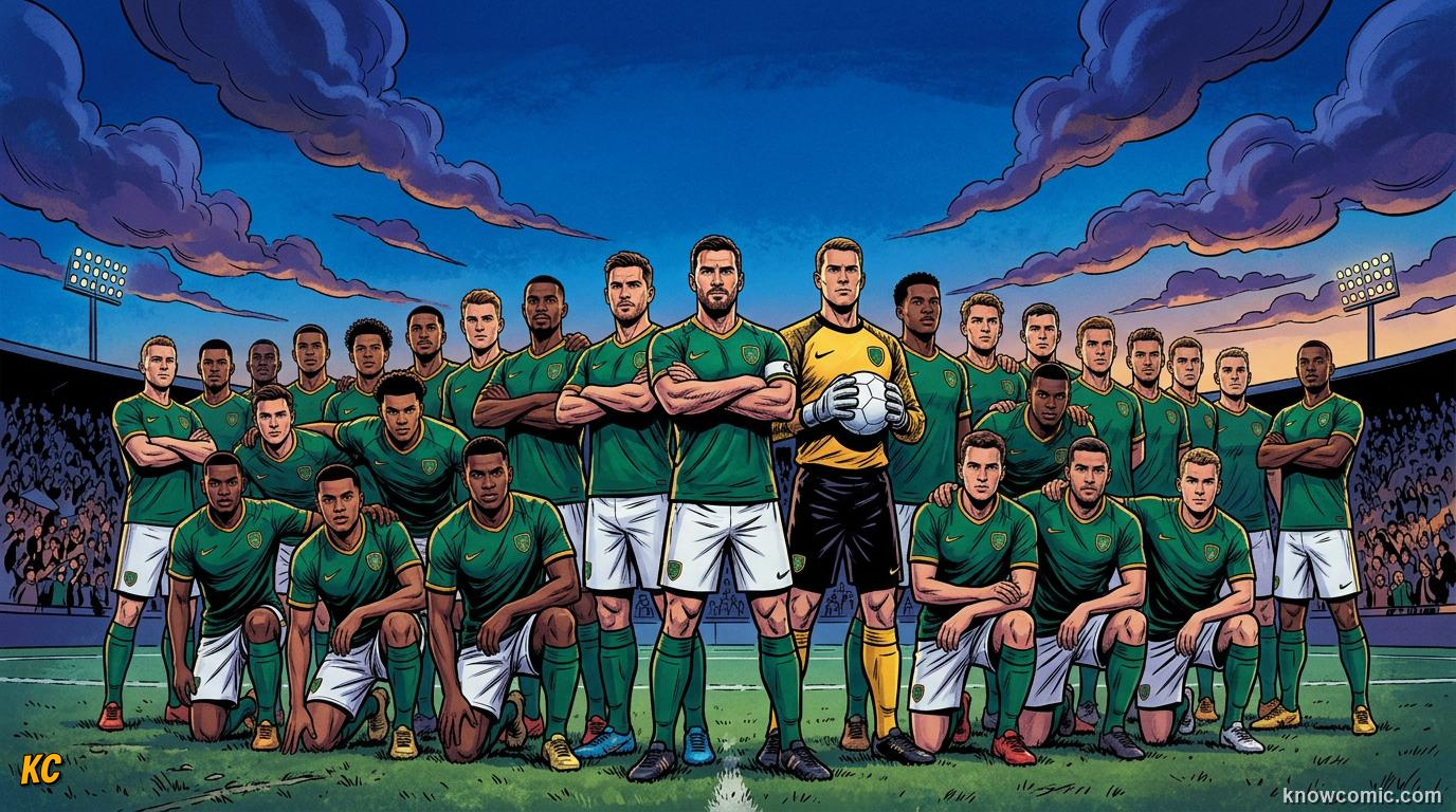 Comic panel titled positions, leaders, and bench power, labelled the right mix, from the KnowComic World Cup 2026 lesson on squad selection: 26 heroes