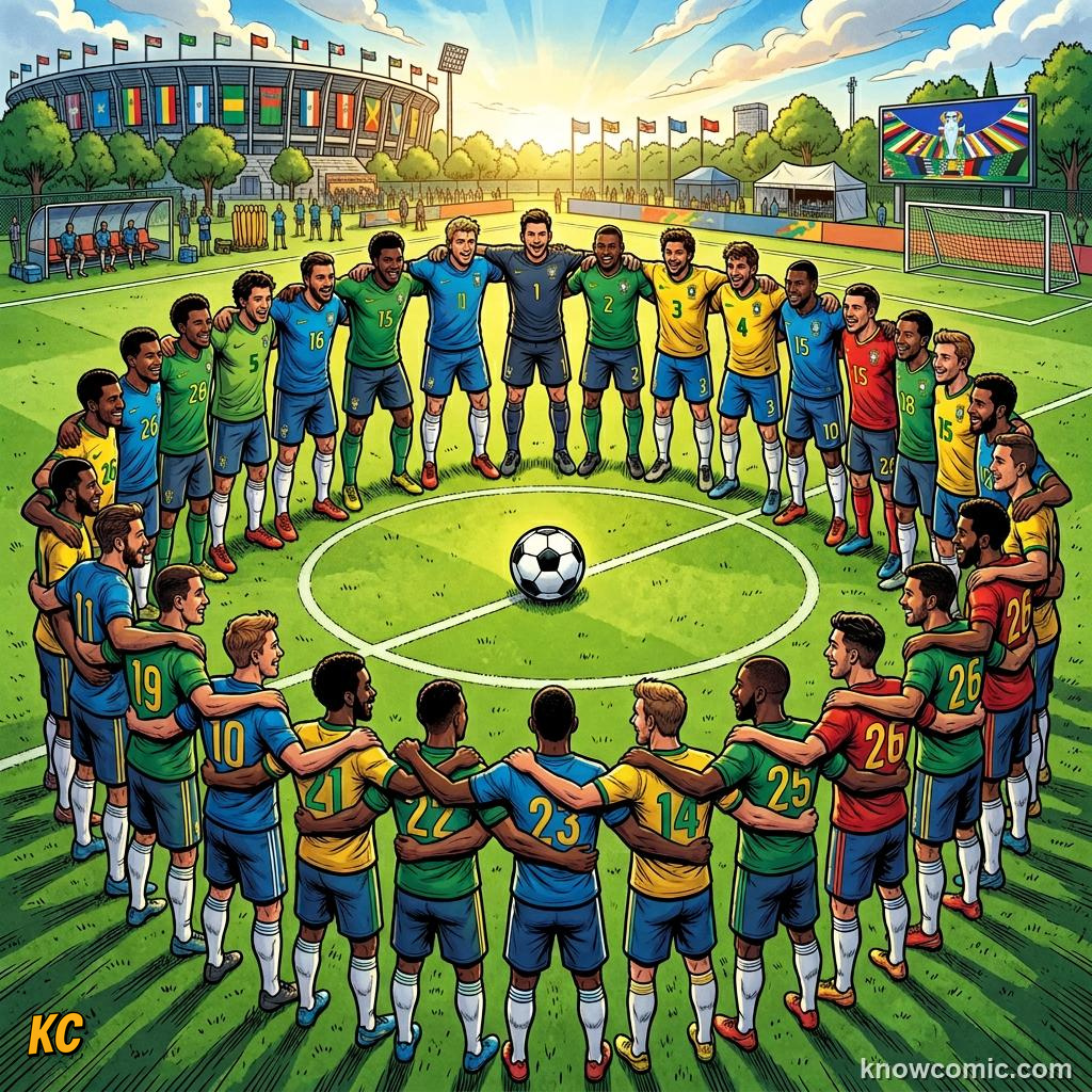 Comic panel titled from list to legacy, labelled leadership, from the KnowComic World Cup 2026 lesson on squad selection: 26 heroes