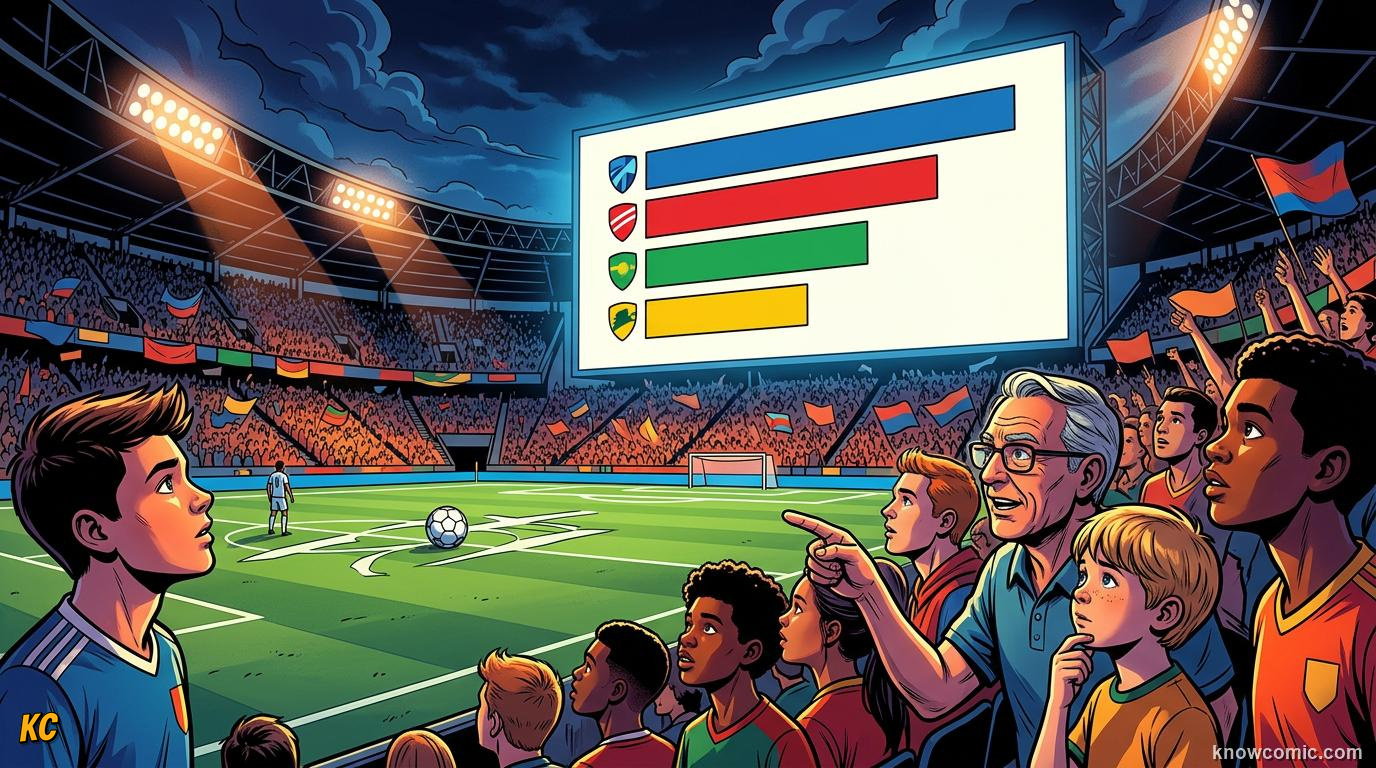 Comic panel titled three for a win, one for a draw, labelled the point system, from the KnowComic World Cup 2026 lesson on how to read the group table