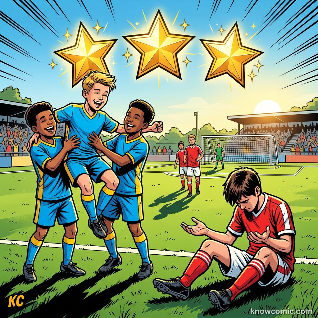 Comic panel titled goals for minus goals against, labelled pts, from the KnowComic World Cup 2026 lesson on how to read the group table