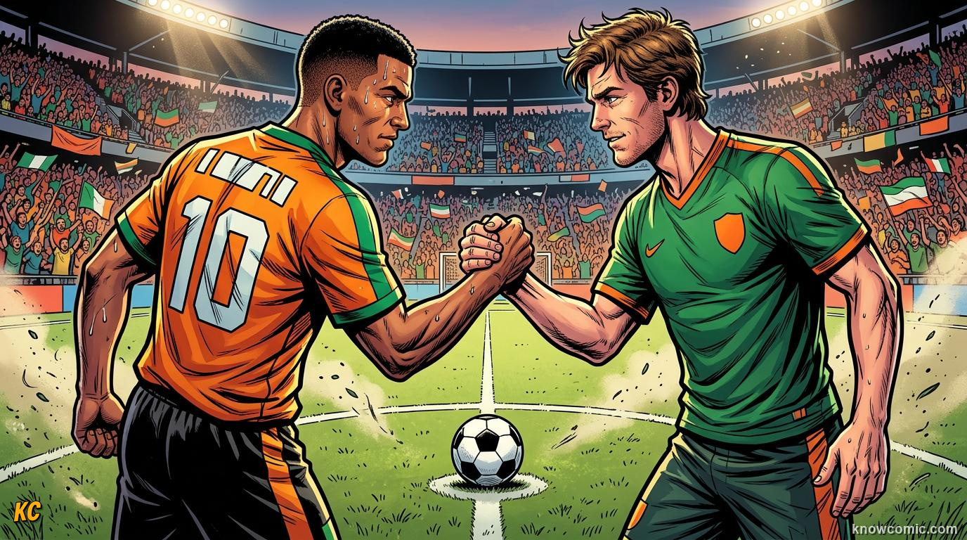 Comic panel titled goals for minus goals against, labelled the tiebreaker, from the KnowComic World Cup 2026 lesson on how to read the group table