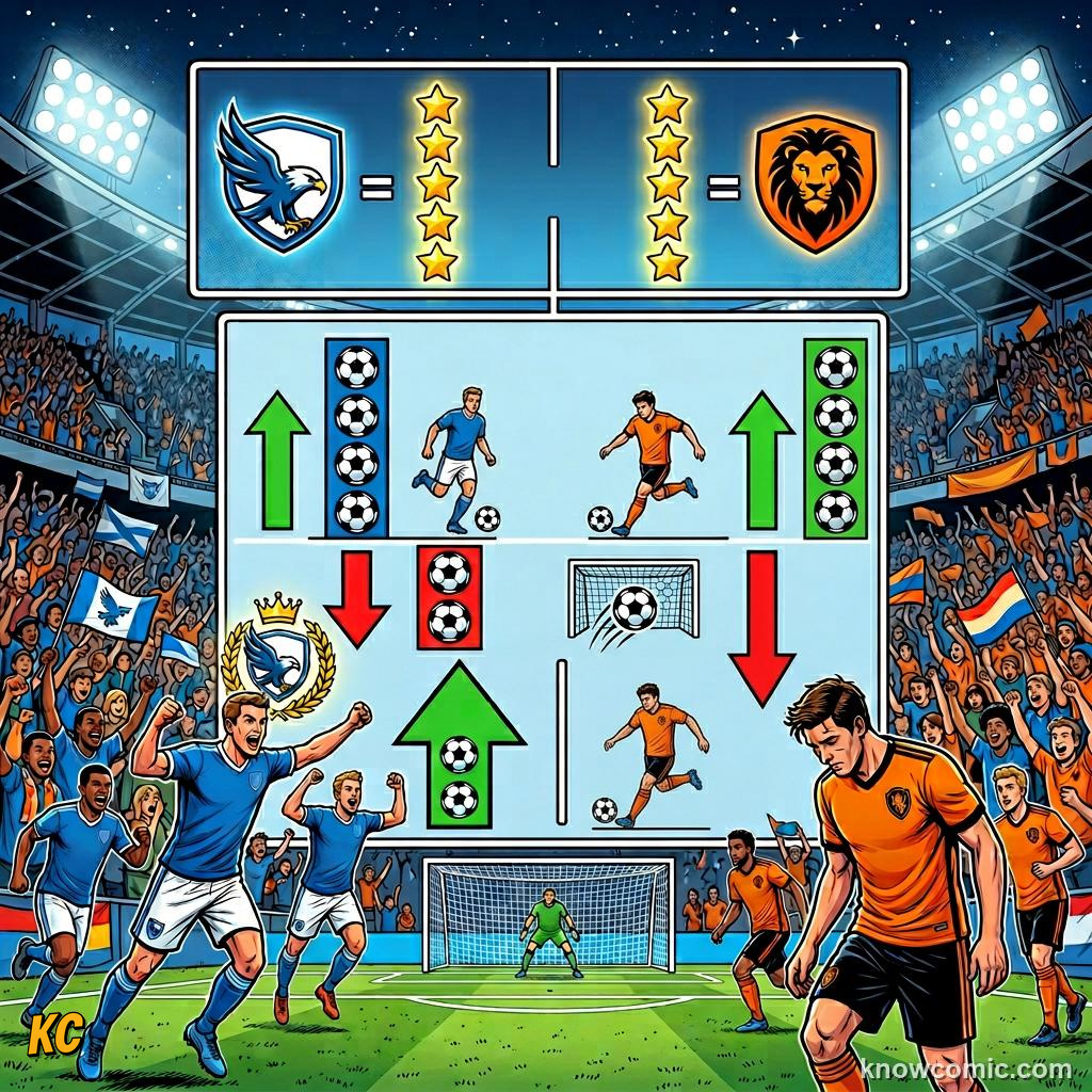 Comic panel titled goals for minus goals against, labelled plus or minus, from the KnowComic World Cup 2026 lesson on how to read the group table