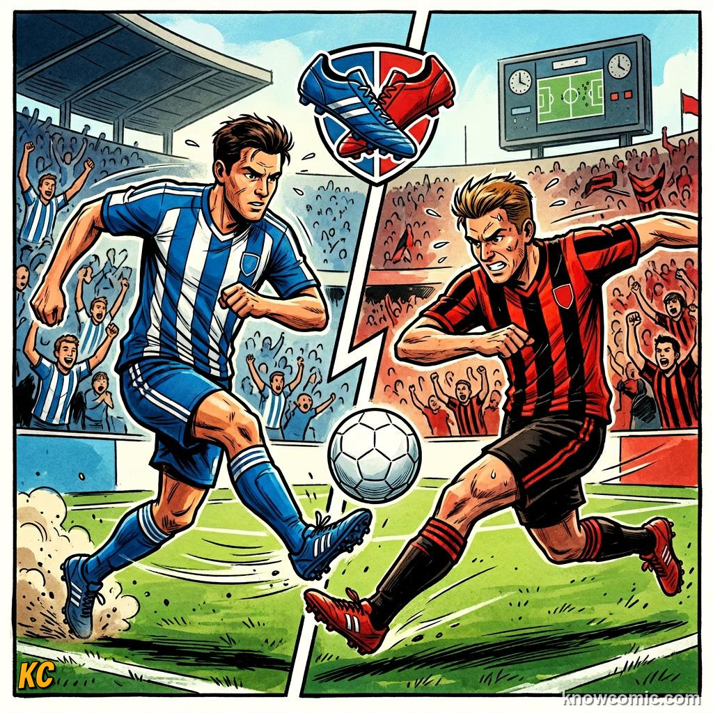 Comic panel titled goals for minus goals against, labelled attack wins, from the KnowComic World Cup 2026 lesson on how to read the group table