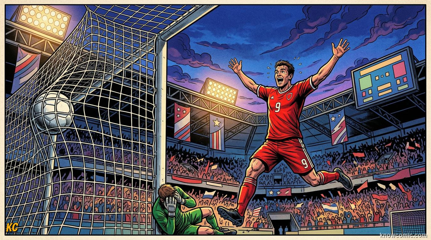 Comic panel titled head-to-head and beyond, labelled when points and gd tie, from the KnowComic World Cup 2026 lesson on how to read the group table