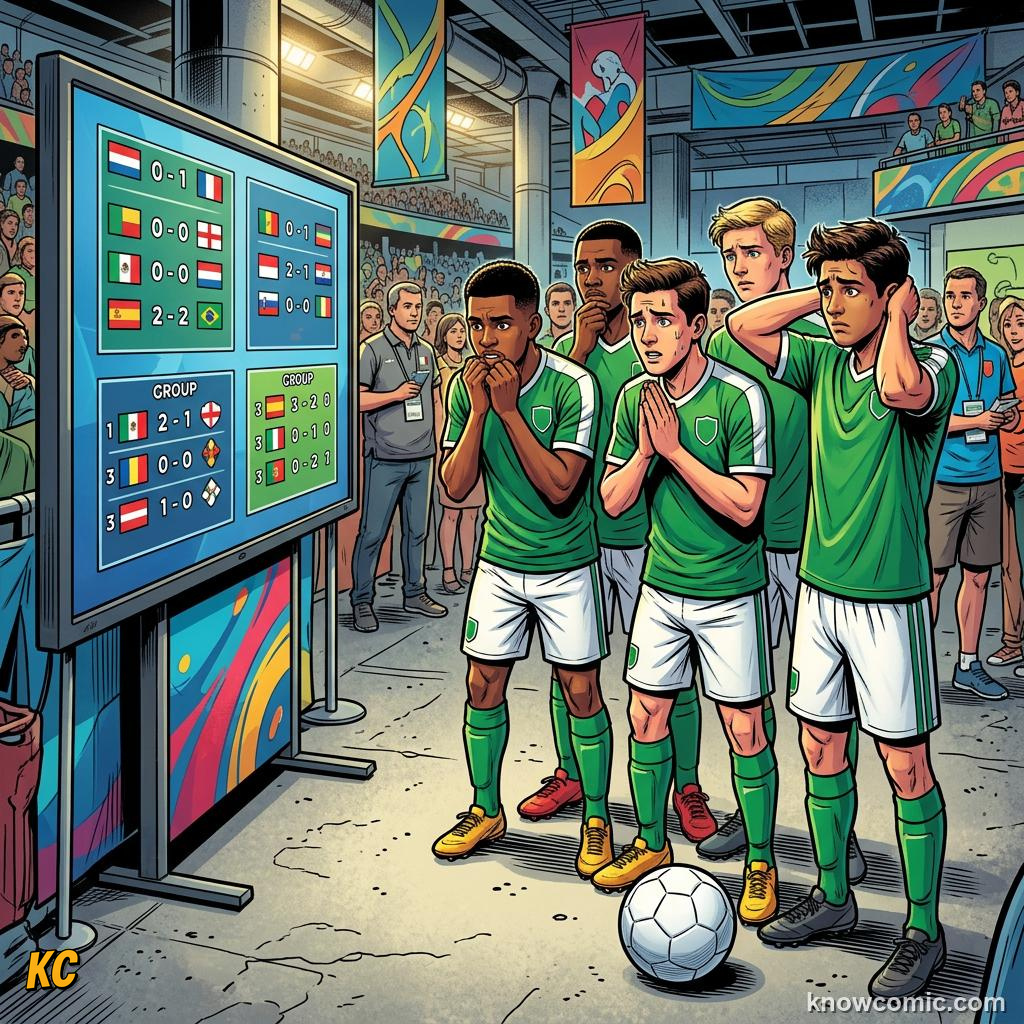 Comic panel titled read the table like a pro, labelled step 1, from the KnowComic World Cup 2026 lesson on how to read the group table