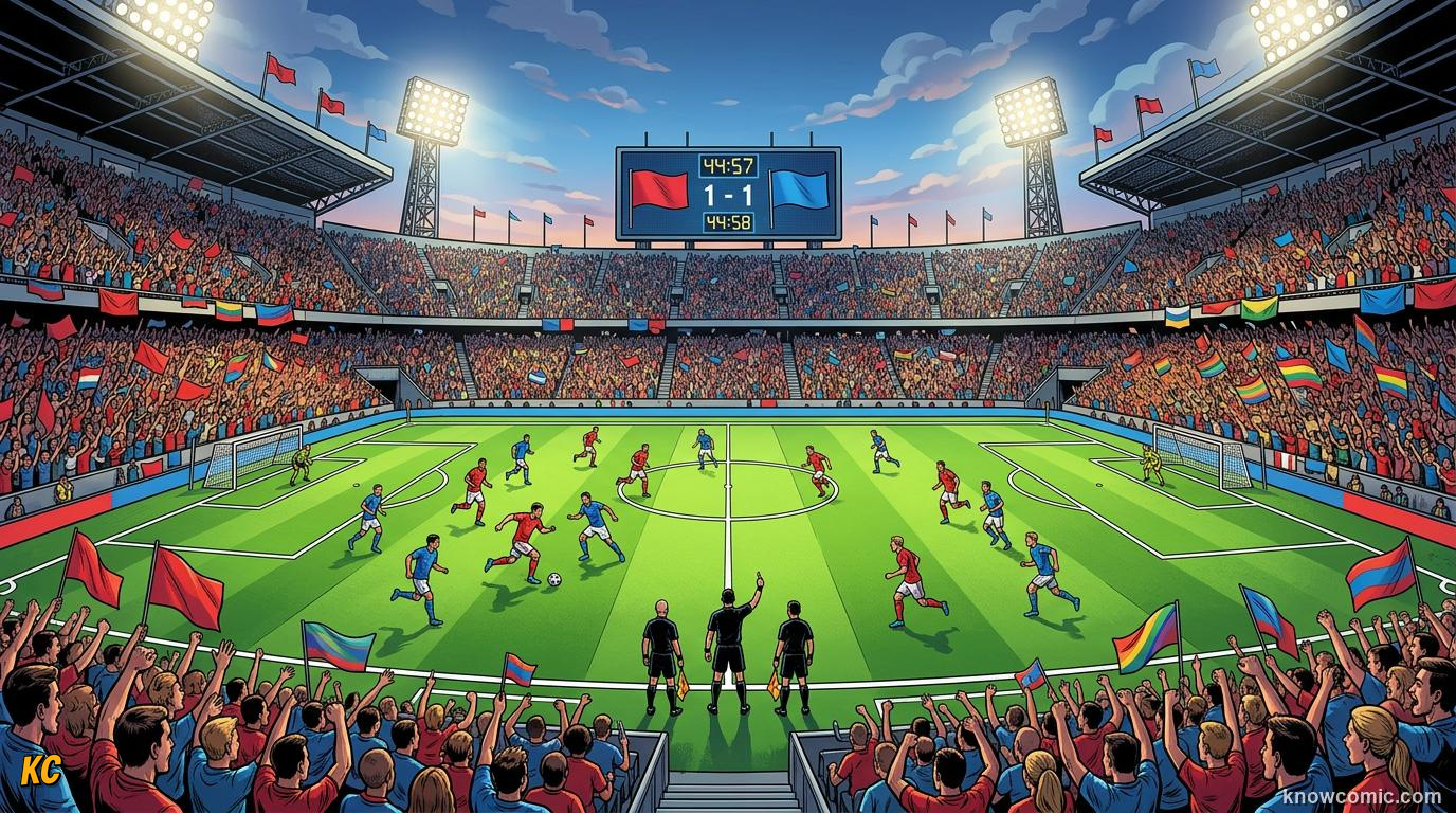 Comic panel titled how long is a match, labelled the 90 minutes, from the KnowComic World Cup 2026 lesson on match time: 90 minutes & beyond