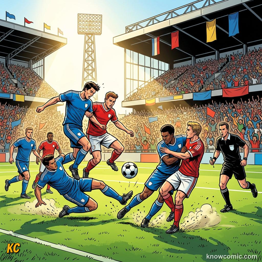 Comic panel titled why the whistle does not stop the clock, labelled first half, from the KnowComic World Cup 2026 lesson on match time: 90 minutes & beyond