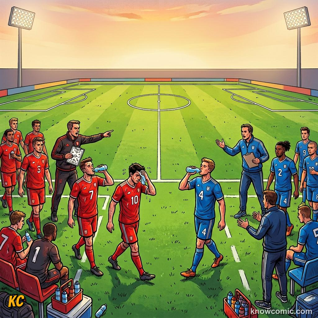 Comic panel titled why the whistle does not stop the clock, labelled half-time, from the KnowComic World Cup 2026 lesson on match time: 90 minutes & beyond