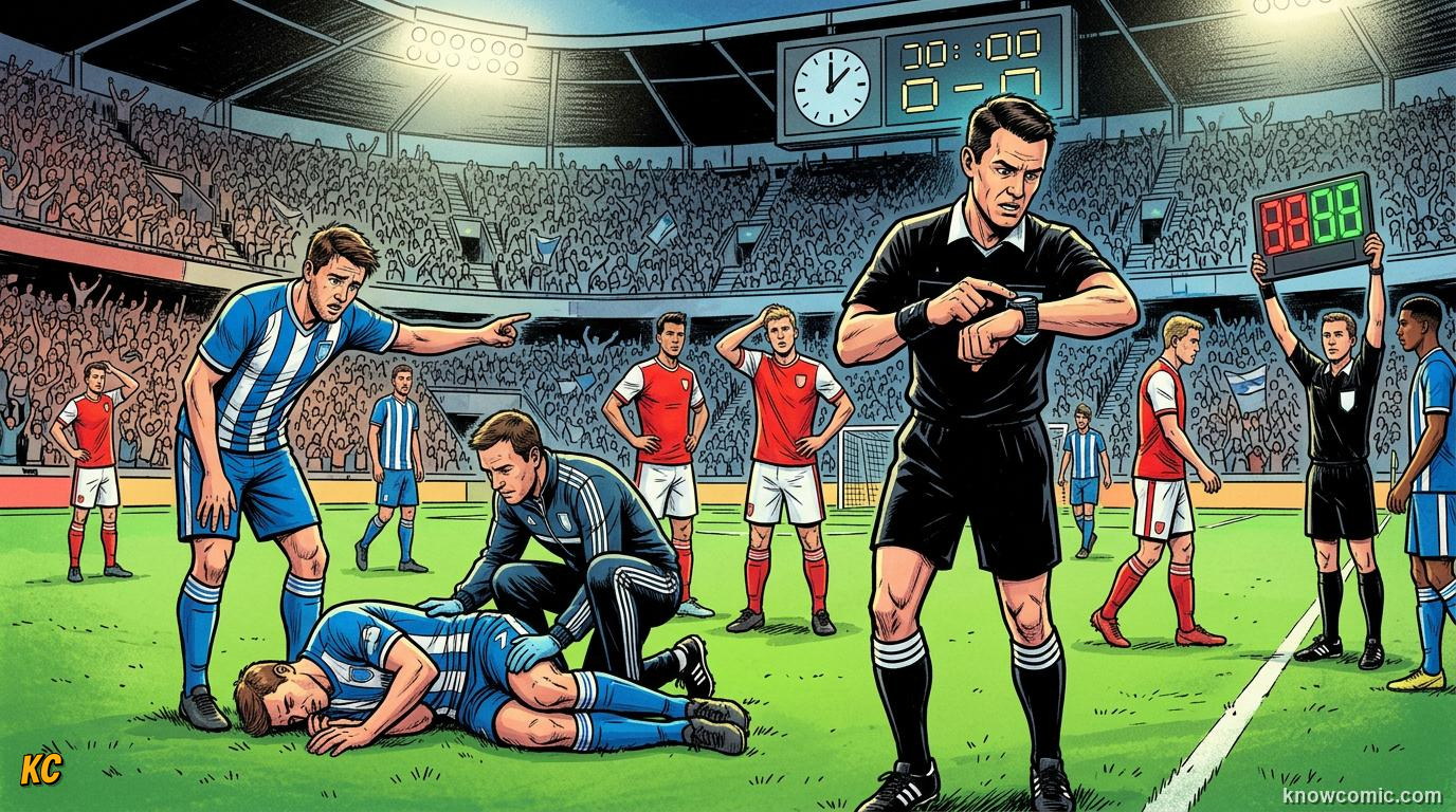 Comic panel titled why the whistle does not stop the clock, labelled running time, from the KnowComic World Cup 2026 lesson on match time: 90 minutes & beyond