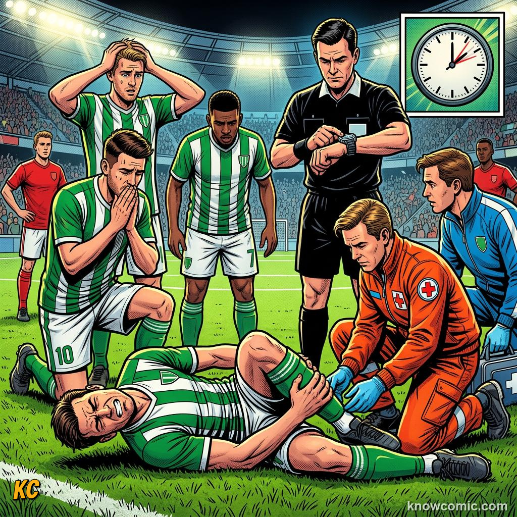 Comic panel titled those extra minutes at the end, labelled injuries, from the KnowComic World Cup 2026 lesson on match time: 90 minutes & beyond