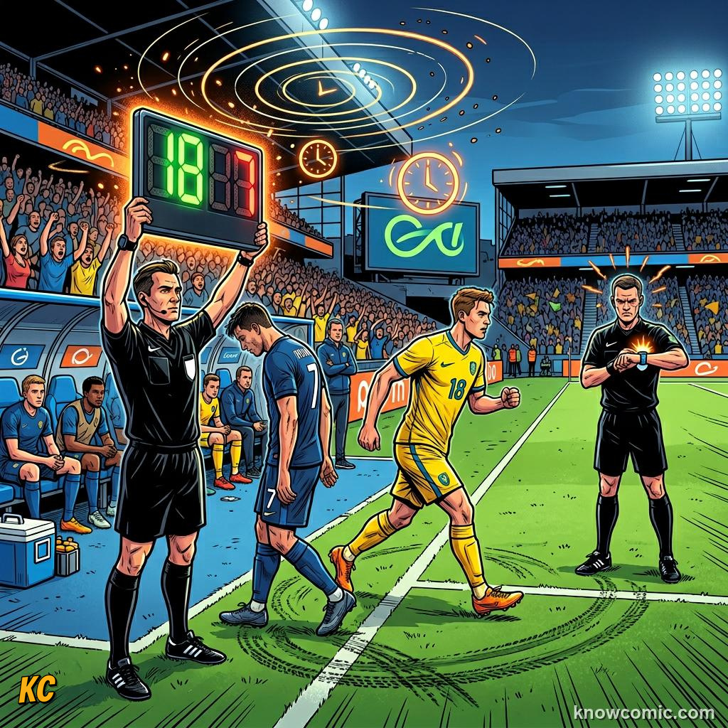 Comic panel titled those extra minutes at the end, labelled substitutions, from the KnowComic World Cup 2026 lesson on match time: 90 minutes & beyond