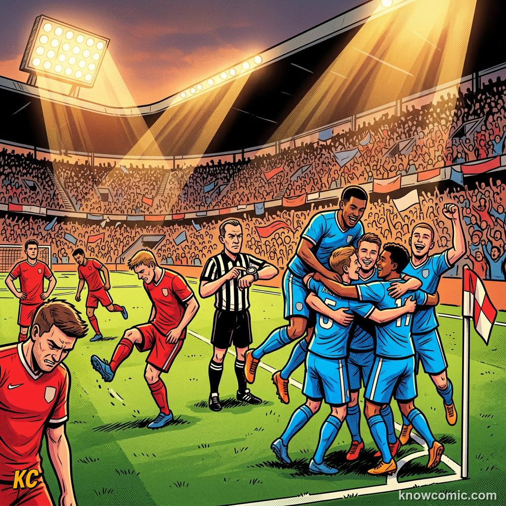 Comic panel titled those extra minutes at the end, labelled goal celebrations, from the KnowComic World Cup 2026 lesson on match time: 90 minutes & beyond